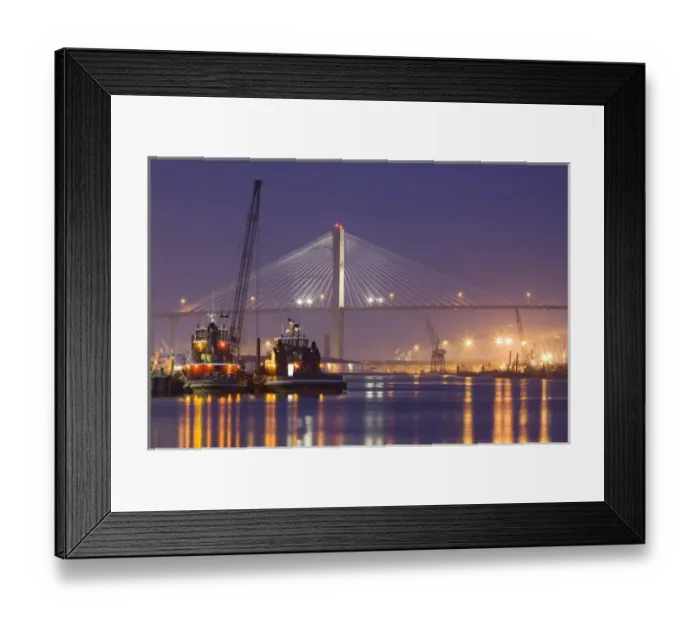 Framed Print : USA, Georgia, Savannah, Talmadge Memorial Bridge and tug boats on the Savannah River Framed Print : USA, Georgia, Savannah, Talmadge Memorial Bridge and tug boats on the Savannah River