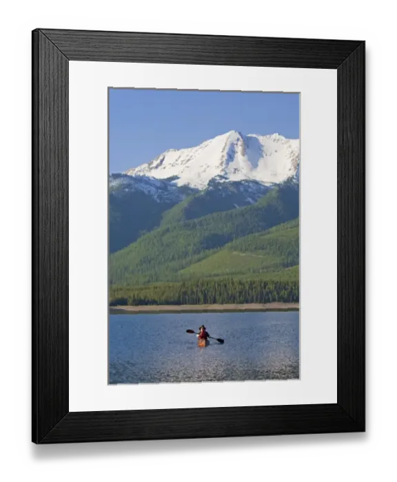 Framed Print : Kayaking on Hungry Horse Reservoir with Great Northern Mountain in background in