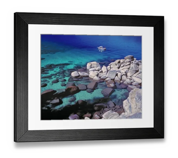 Framed Print : USA, Nevada, Lake Tahoe. A small fishing boat is moored in a secluded bay on Lake Tahoe, Nevada