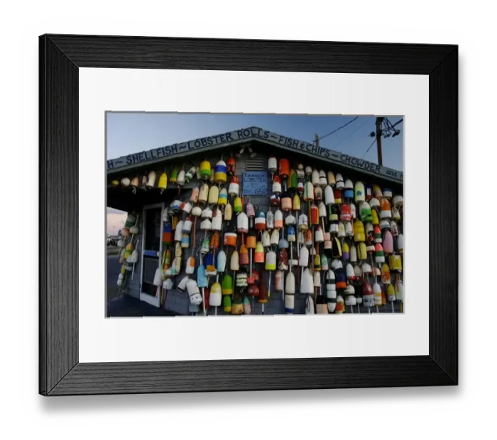 Framed Print : USA, Massachusetts, Provincetown. Buoys crowd together on a seafood shack Framed Print : USA, Massachusetts, Provincetown. Buoys crowd together on a seafood shack