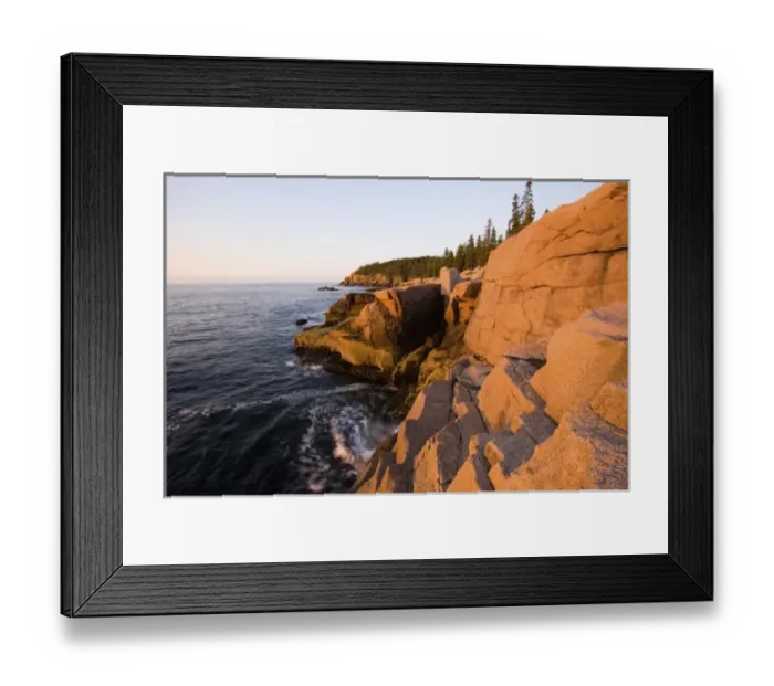 Framed Print : Dawn light on the pink granite ledges of the rocky coast in Maines Acadia National Park Framed Print : Dawn light on the pink granite ledges of the rocky coast in Maines Acadia National Park
