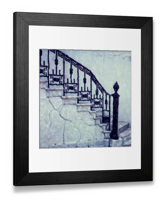 Framed Print : Black railing along stairway. Polaroid SX70 Manipulation Framed Print : Black railing along stairway. Polaroid SX70 Manipulation