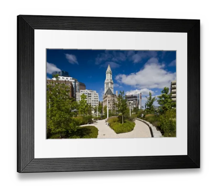 Framed Print : USA, Massachusetts, Boston. Atlantic Avenue Greenway and Customs House