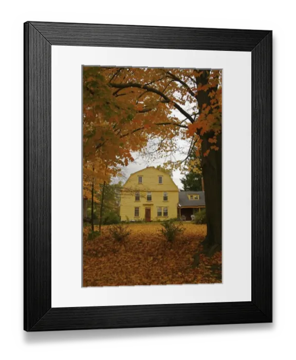 Framed Print : North America, USA, Massachusetts, Deerfield. Foliage frames a historic home in Old Deerfield Framed Print : North America, USA, Massachusetts, Deerfield. Foliage frames a historic home in Old Deerfield