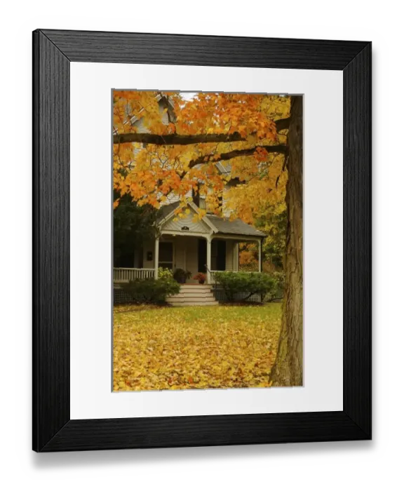 Framed Print : North America, USA, Massachusetts, Amherst. Autumn leaves framing the front porch of an old house Framed Print : North America, USA, Massachusetts, Amherst. Autumn leaves framing the front porch of an old house