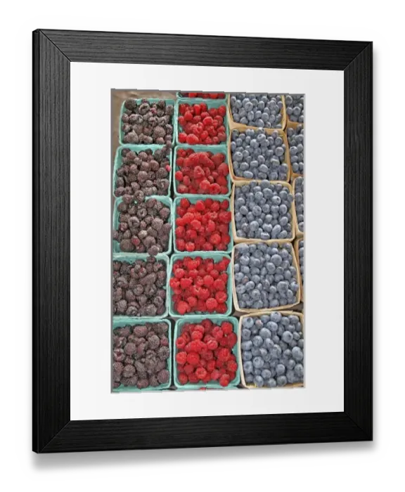 Framed Print : Raspberries blueberries at farmers market in South Haven Michigan