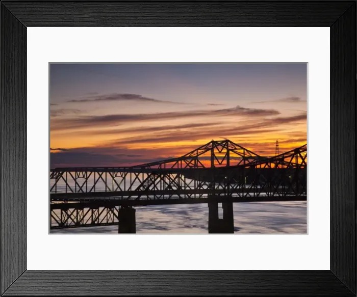 Framed Print : USA, Mississippi, Vicksburg. I-20 Highway and US-80 bridges across the Mississippi River, dusk