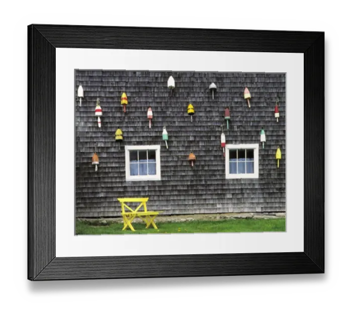 Framed Print : USA, Maine, Boothbay Harbor. Bright buoys decorate the weathered shingles of this Framed Print : USA, Maine, Boothbay Harbor. Bright buoys decorate the weathered shingles of this