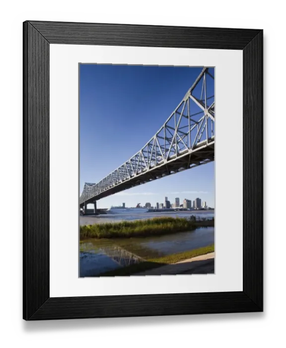 Framed Print : USA, Louisiana, New Orleans. Skyline from the Greater New Orleans Bridge and Mississippi River Framed Print : USA, Louisiana, New Orleans. Skyline from the Greater New Orleans Bridge and Mississippi River