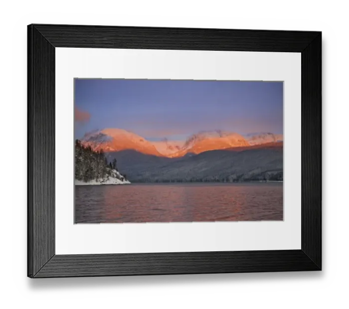 Framed Print : Looking toward Rocky Point the peaks catch alpenglow and reflect into Lake McDonald