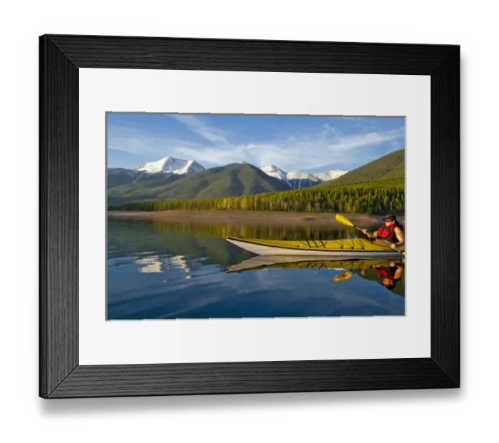 Framed Print : Kayaking on Hungry Horse Reservoir with Great Northern Mountain in background in