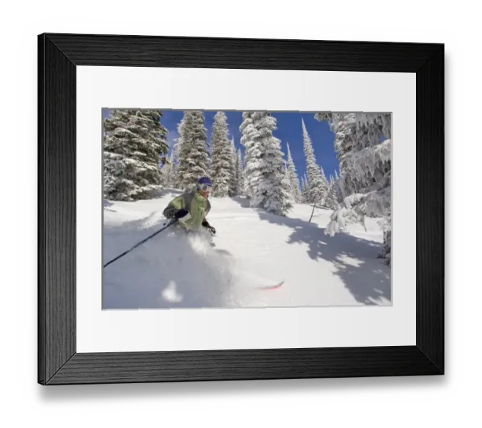 Framed Print : Telemark Skier enjoying blue sky powder day at Whitefish Mountain Resort in Montana Framed Print : Telemark Skier enjoying blue sky powder day at Whitefish Mountain Resort in Montana