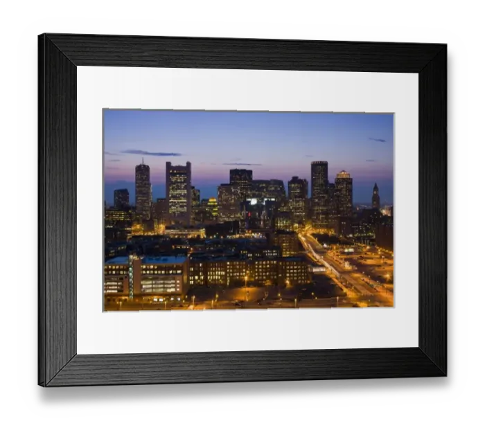 Framed Print : USA, Massachusetts, Boston. Financial District from South Boston, elevated view, dusk