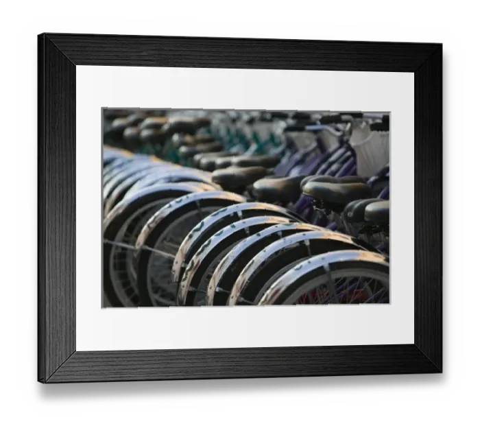 Framed Print : USA, Michigan, Straits of Mackinac: Mackinac Island, Rental Bicycles  /  Dawn