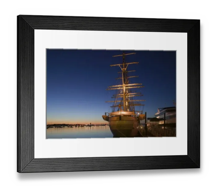 Framed Print : USA, Massachusetts, BOSTON: Tall Ship DANMARK Rowes Wharf / Dawn Framed Print : USA, Massachusetts, BOSTON: Tall Ship DANMARK Rowes Wharf / Dawn