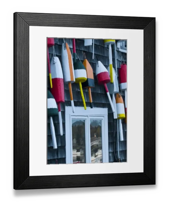 Framed Print : USA, Maine, Mount Desert. Hanging buoys with window reflection of Bernard Harbor