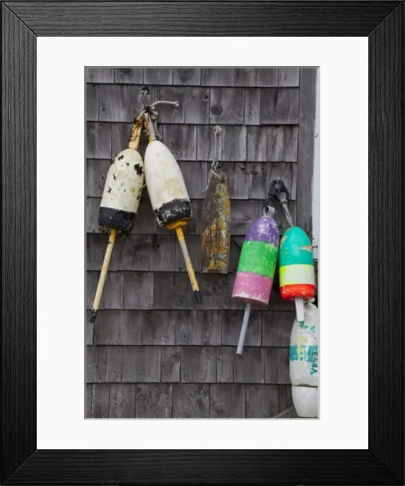 Framed Print : Lobster buoys on shed in Bunker Harbor, Maine, USA