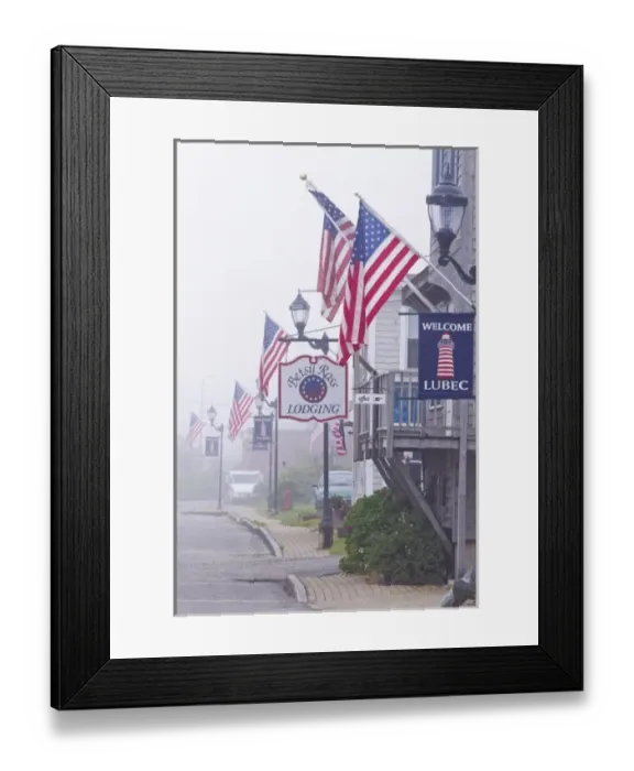 Framed Print : American flags line the Main Street of Lubec, Maine, USA Framed Print : American flags line the Main Street of Lubec, Maine, USA