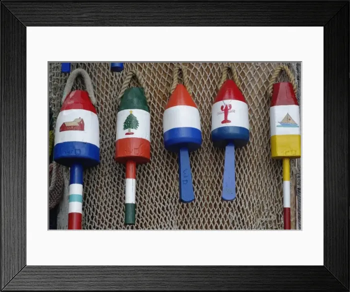 Framed Print : Colorful buoys on wall, Rockport, Massachusetts, Cape Ann