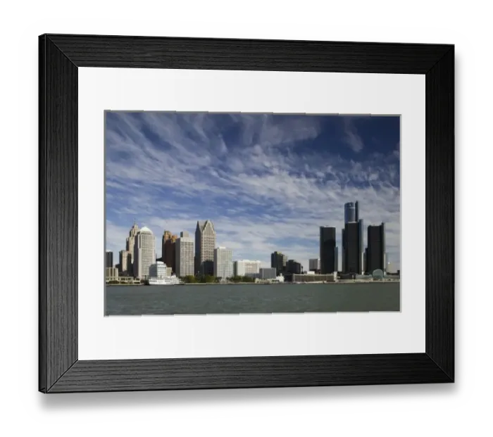 Framed Print : USA, Michigan, Detroit: City Skyline along Detroit River from Windsor Ontario, CANADA