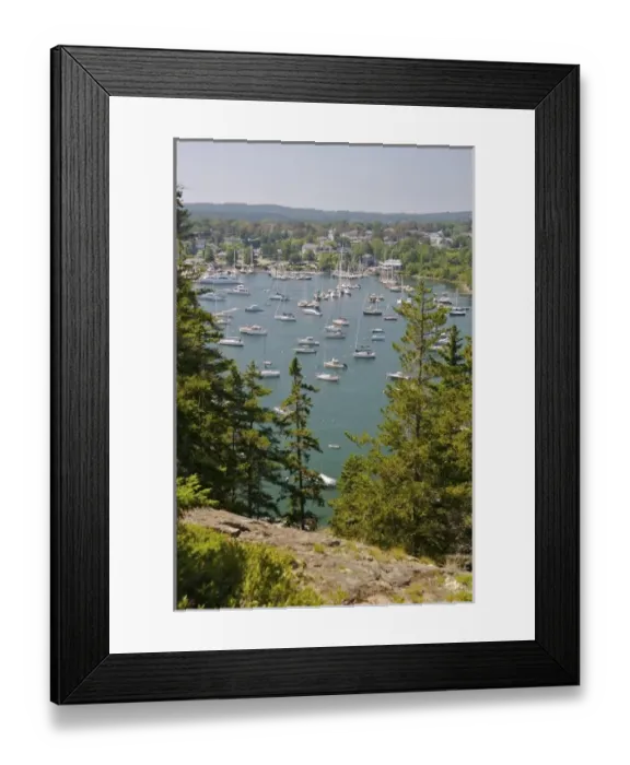 Framed Print : USA, Maine, Northeast Harbor. Boats in the harbor and the town of Northeast Harbor beyond