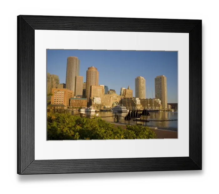 Framed Print : Sunrise on the Boston skyline from along the seawall at John Joseph Moakley Federal Courthouse