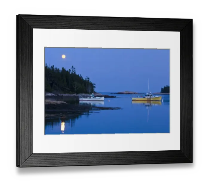 Framed Print : Full moon illuminates lobster boats in Bunker Harbor, Maine, USA Framed Print : Full moon illuminates lobster boats in Bunker Harbor, Maine, USA