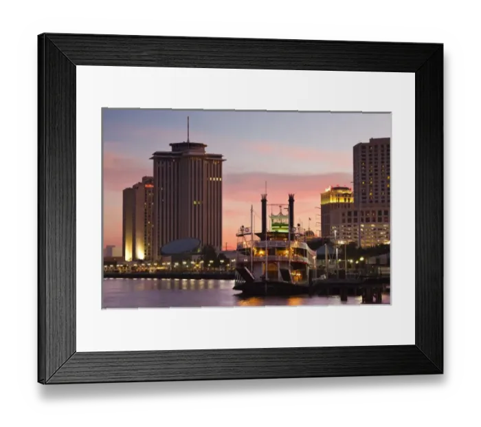 Framed Print : USA, Louisiana, New Orleans. World Trade Center, riverboat and Mississippi Riverfront, dusk