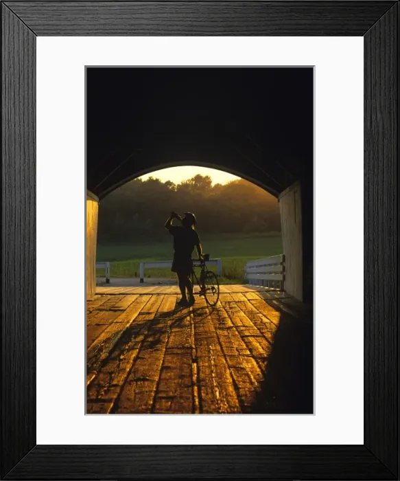 Framed Print : Road bicyclist takes water break at the Hogback Covered Bridge in Madison County Framed Print : Road bicyclist takes water break at the Hogback Covered Bridge in Madison County