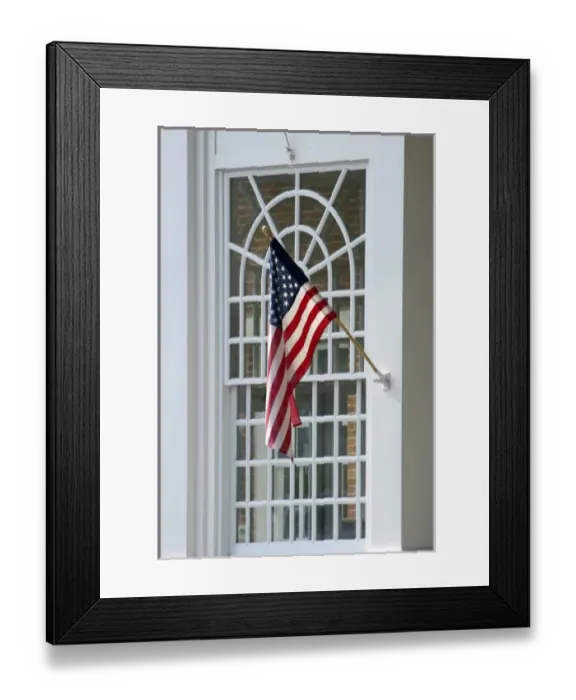 Framed Print : USA, Massachusetts, Stockbridge, American flag by window Framed Print : USA, Massachusetts, Stockbridge, American flag by window
