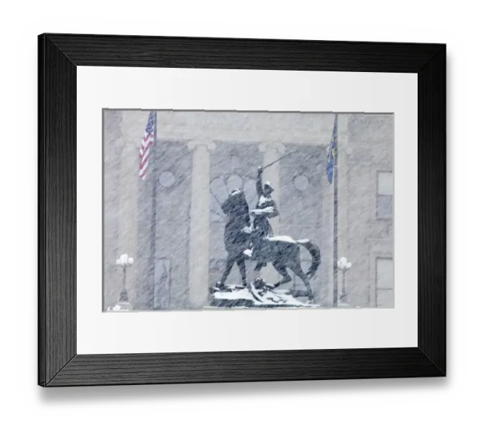 Framed Print : Bronze statue of Thomas Meagher in heavy snowfall in front of Montana State Capitol