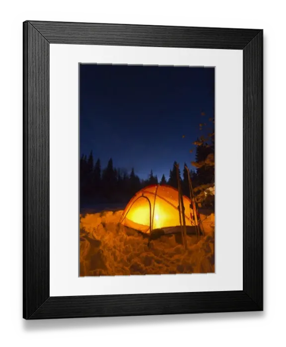 Framed Print : Tent glows at dusk during winter camping near West Glacier, Montana, USA Framed Print : Tent glows at dusk during winter camping near West Glacier, Montana, USA