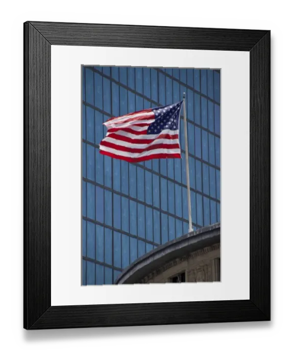 Framed Print : USA, New England, Massachusetts, Boston, Back Bay, American flag, John Hancock building