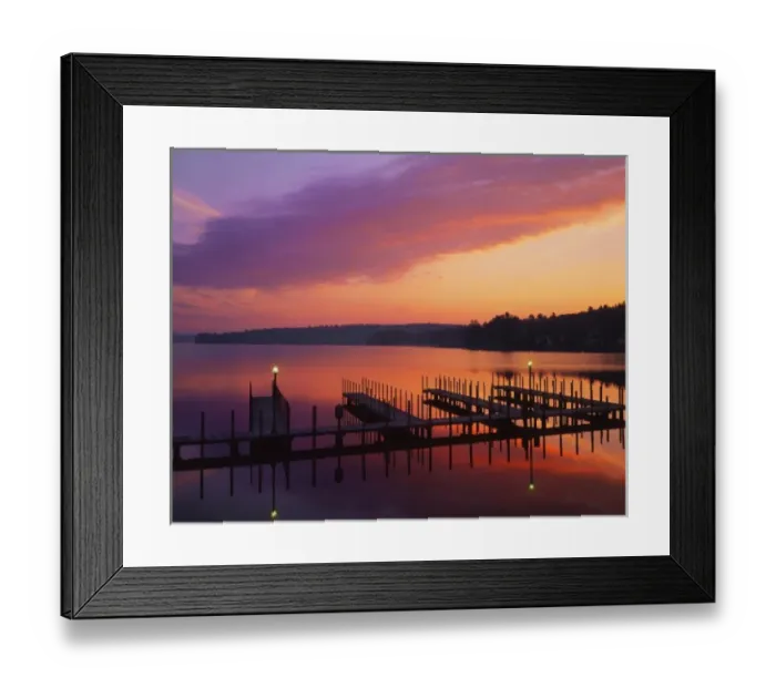 Framed Print : USA, New Hampshire. Colors of sunrise reflecting on dock and Lake Winnipesaukee Framed Print : USA, New Hampshire. Colors of sunrise reflecting on dock and Lake Winnipesaukee