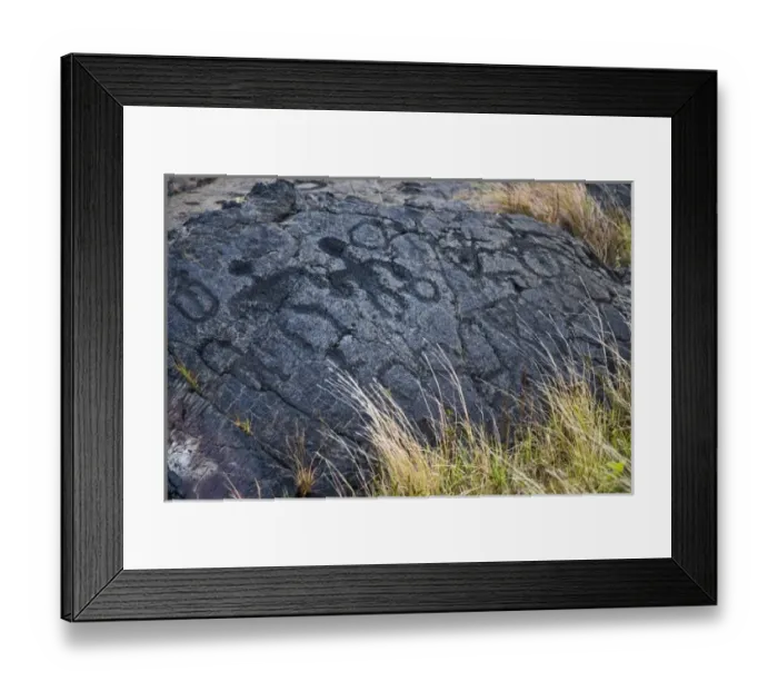 Framed Print : USA. Ancient native petroglyph in Volcanoes NP on the Big Island of Hawaii