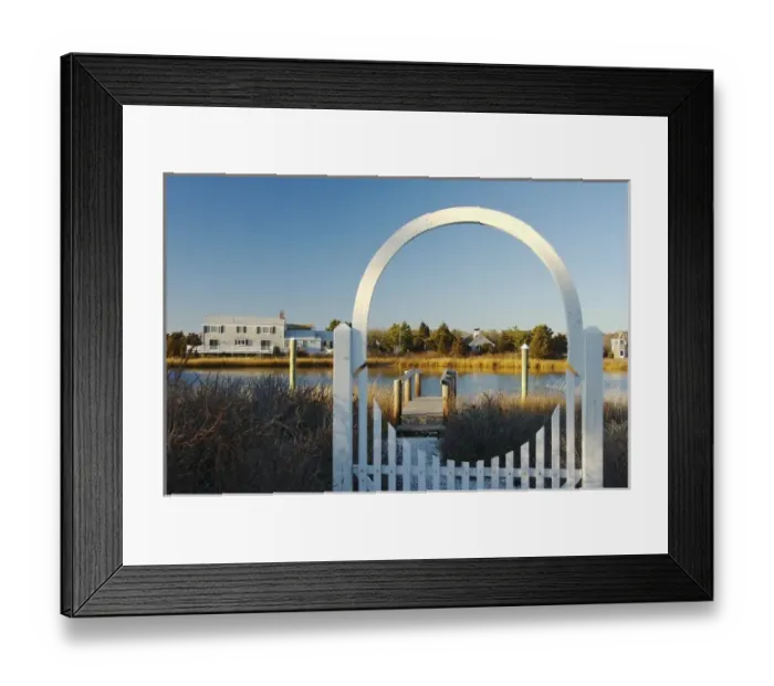 Framed Print : USA, Massachusetts, Craigville. A winter view towards the water framed by a white