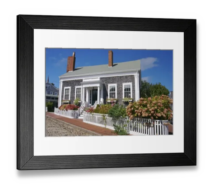 Framed Print : USA, Massachusetts, Nantucket. A pretty shingled house on a cobblestone street Framed Print : USA, Massachusetts, Nantucket. A pretty shingled house on a cobblestone street