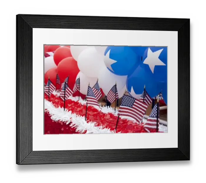 Framed Print : USA, Indiana, Carmel. Patriotic balloons and flags decorate float in 4th of July parade Framed Print : USA, Indiana, Carmel. Patriotic balloons and flags decorate float in 4th of July parade