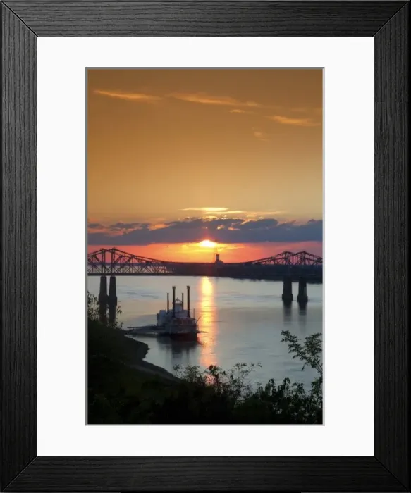 Framed Print : Sunset with steamboat under the Natchez-Vidalia Bridges spanning the Mississippi