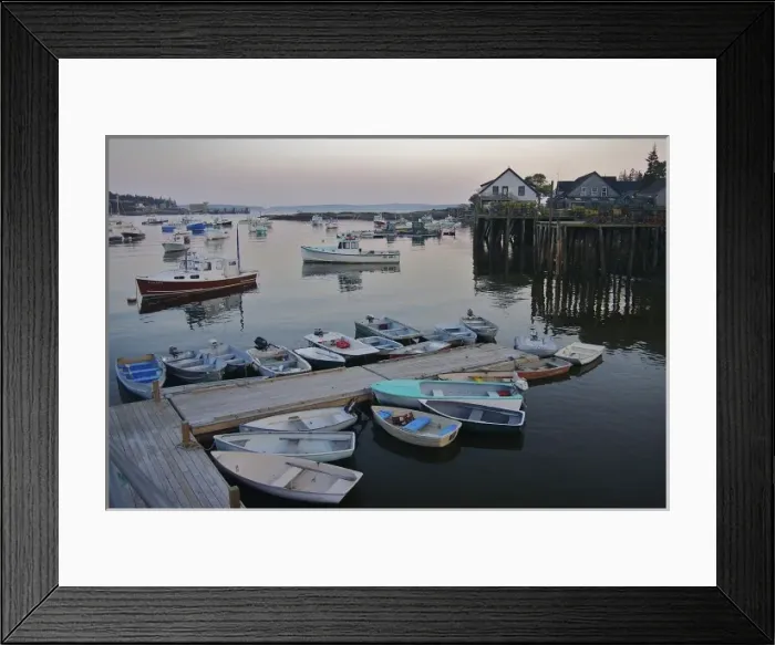 Framed Print : USA, Maine, Tremont. Rowboats, fishing boats, and lobster traps seen in the early Framed Print : USA, Maine, Tremont. Rowboats, fishing boats, and lobster traps seen in the early