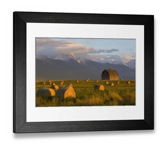 Framed Print : Old barn framed by hay bales and dramatic Mission Mountain Range in Montana