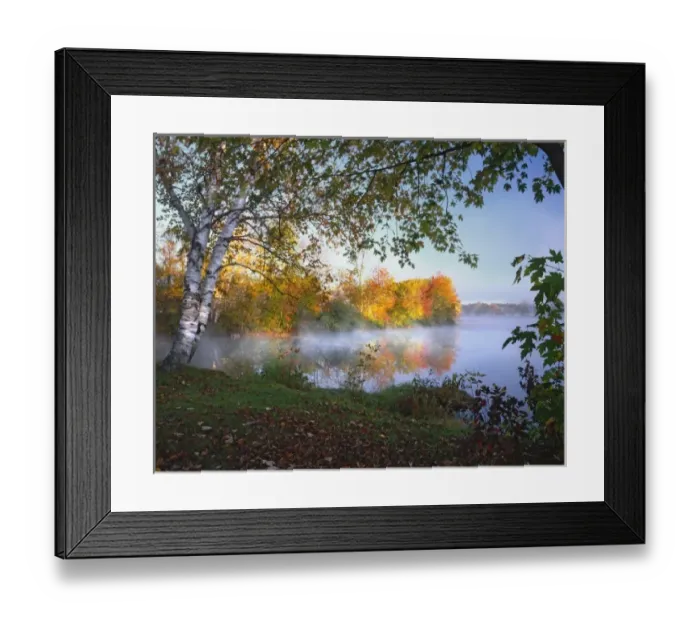 Framed Print : USA, Maine, Pittsfield. Morning sun and fog rising from Douglas Pond