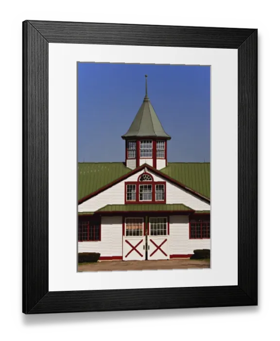 Framed Print : Distinctive red, white, and green colors of horse barn, Calumet Farm, Lexington, Kentucky