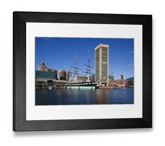 Framed Print : USA, Maryland, Baltimore. Inner Harbor, Harborplace Mall and USS Constellation, historic ship Framed Print : USA, Maryland, Baltimore. Inner Harbor, Harborplace Mall and USS Constellation, historic ship