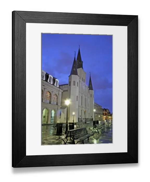 Framed Print : Rainy evening lighting St. Louis Cathedral at Jackson Square French Quarter New Orleans Framed Print : Rainy evening lighting St. Louis Cathedral at Jackson Square French Quarter New Orleans