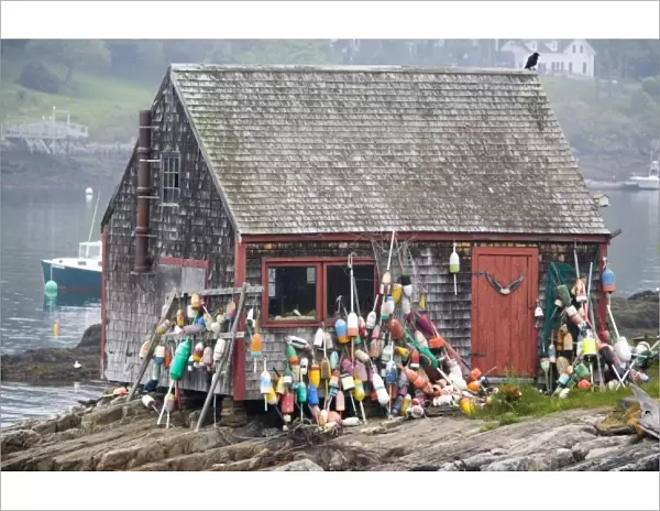USA, Maine, Harpswell. Lobster buoys hang on fish shack on Bailey Island