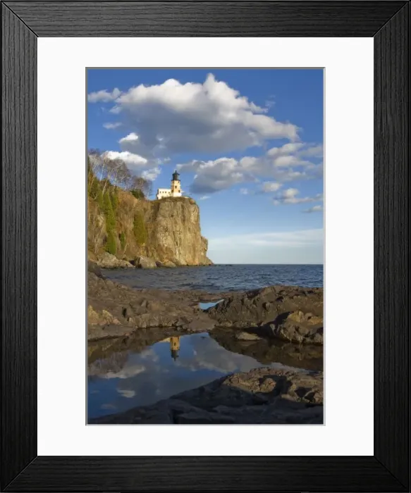 Framed Print : USA, Minnesota. Split Rock Lighthouse reflects in a pool on the shore of Lake Superior