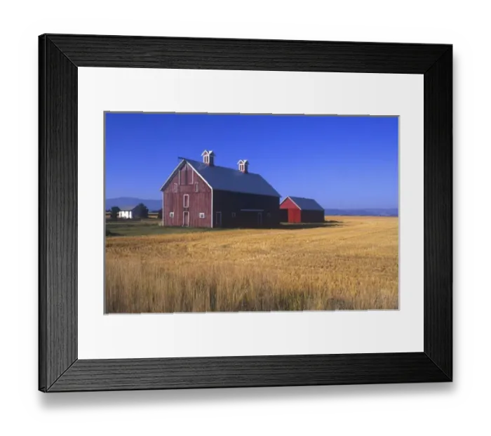 Framed Print : Beautiful morning light bathes a farm with a red barn. Located near Kalispell, Montana
