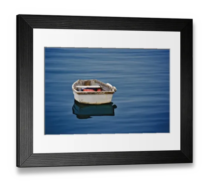 Framed Print : Single small boat floating on ocean, Maine Framed Print : Single small boat floating on ocean, Maine