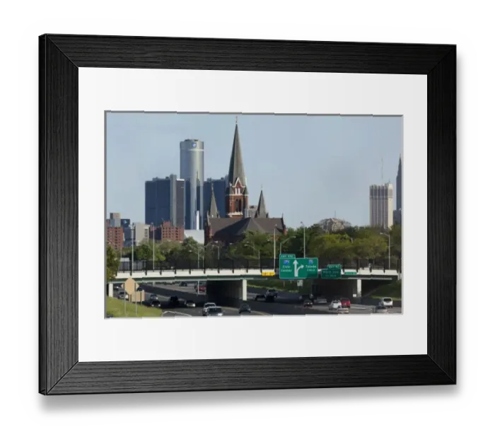 Framed Print : USA, Michigan, Detroit, St. Joseph Catholic Church and GM Corporation Headquarters